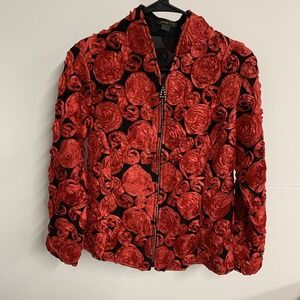 Jerry T Jacket Womens Size Small Red Rose Ribbon Front Zip Up Jewels Coat Top